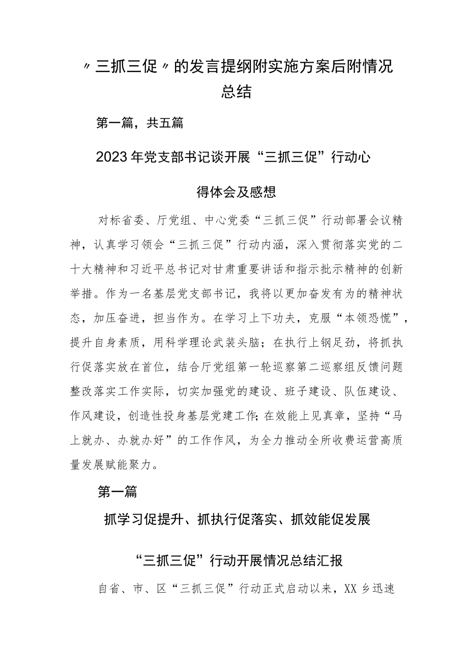 “三抓三促”的发言提纲附实施方案后附情况总结.docx_第1页