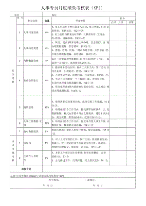 人事专员月度绩效考核表（KPI）.docx