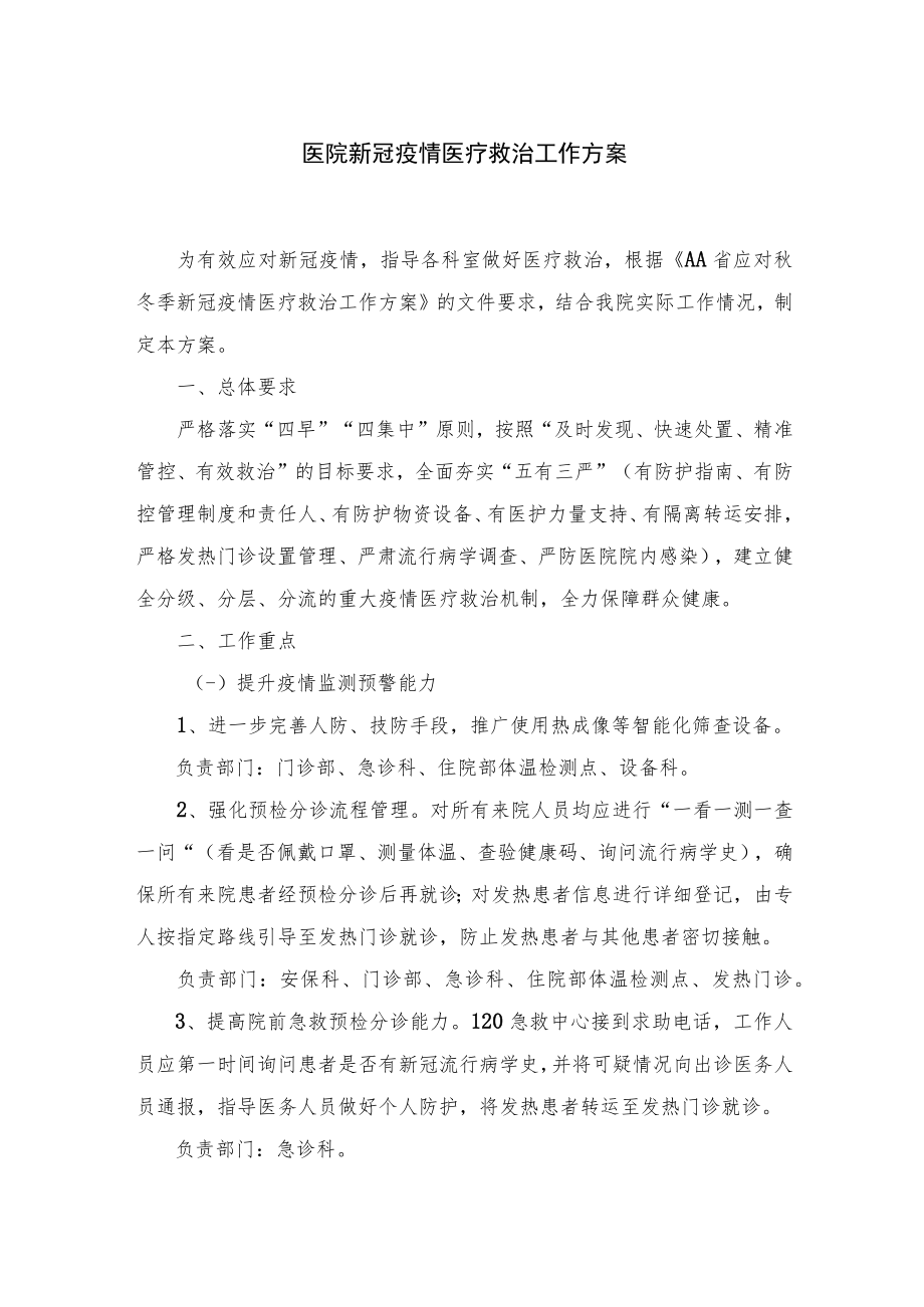 医院新冠疫情医疗救治工作方案及工作总结.docx_第1页