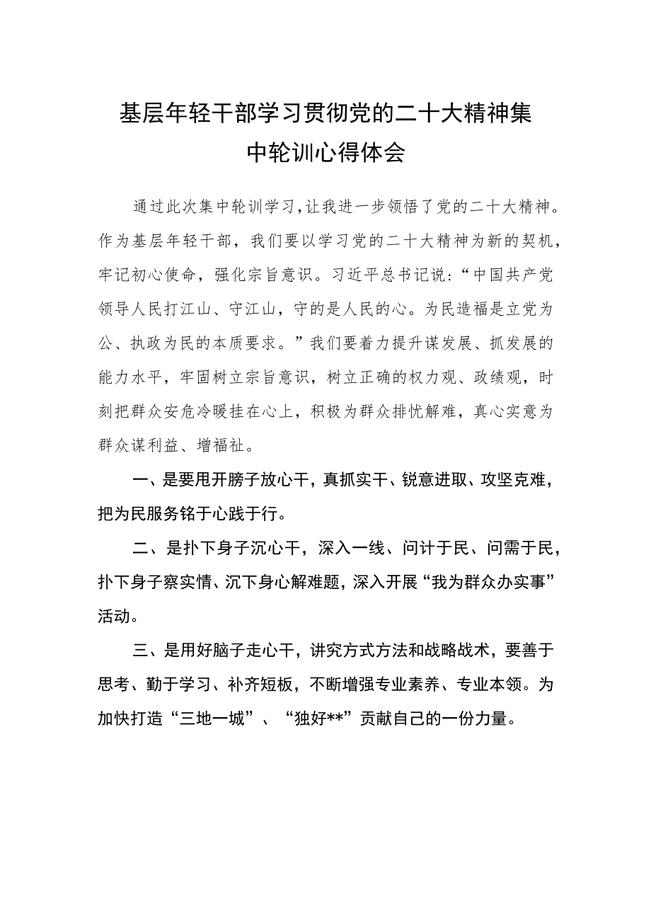 基层年轻干部学习贯彻党的二十大精神集中轮训心得体会.docx_第1页