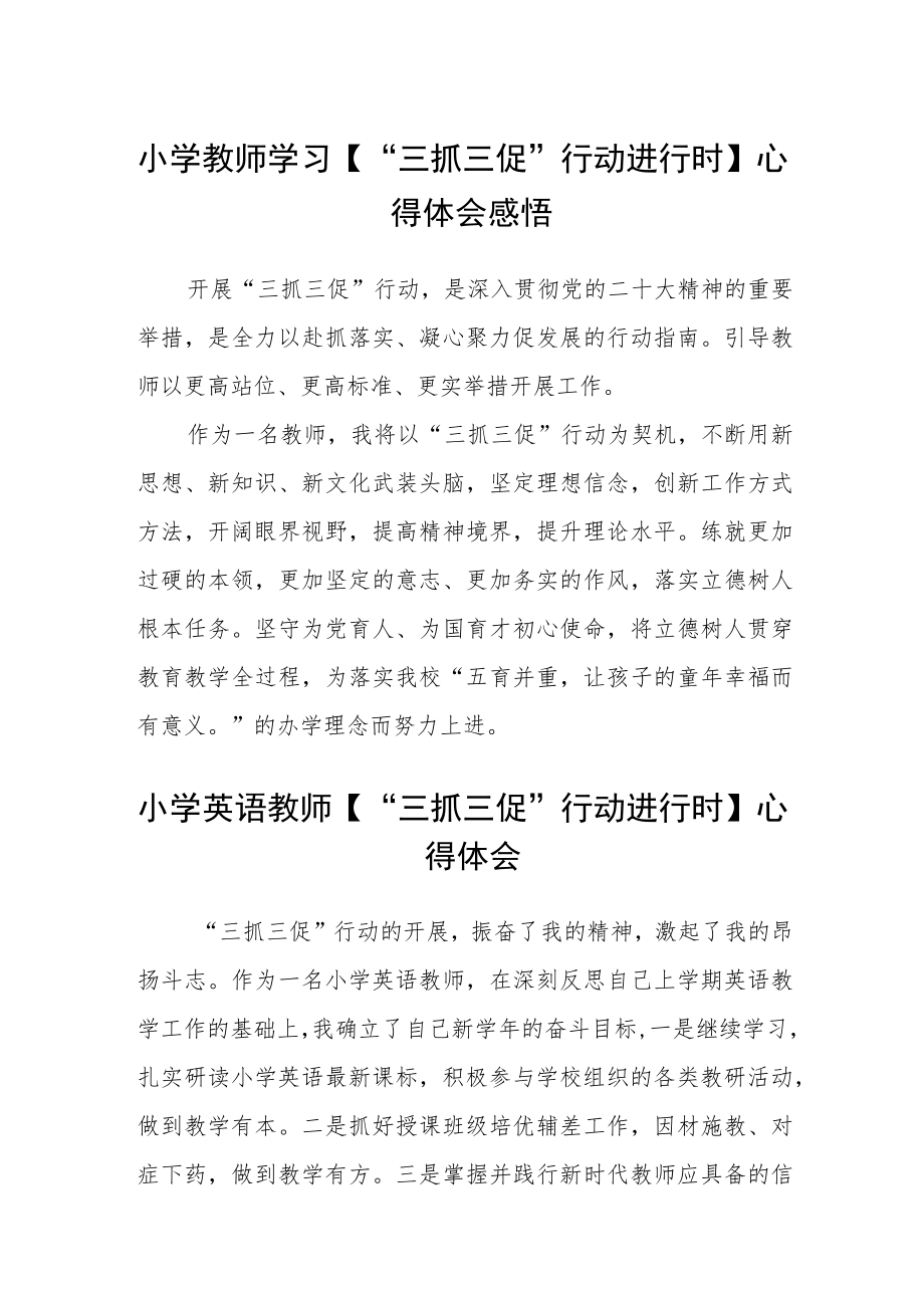 小学教师学习【“三抓三促”行动进行时】心得体会感悟(精选三篇).docx_第1页