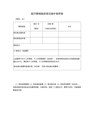 医疗器械临床受试者补偿用表.docx