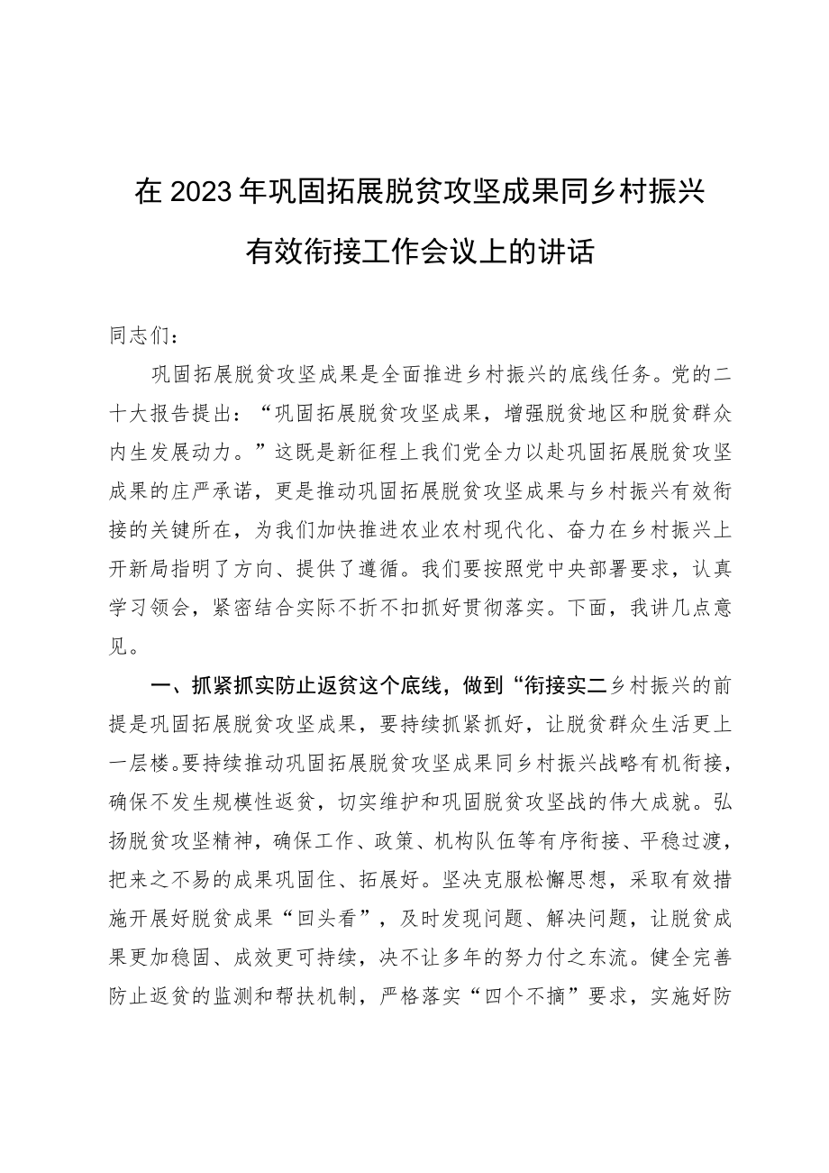 在2023年巩固拓展脱贫攻坚成果同乡村振兴有效衔接工作会议上的讲话.docx_第1页