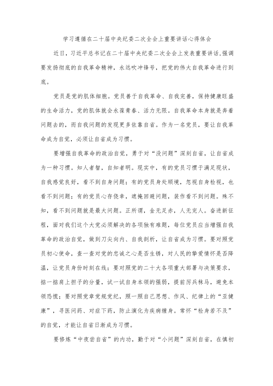 学习遵循在二十届中央纪委二次全会上重要讲话心得体会.docx_第1页