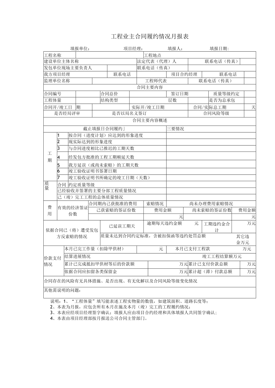 工程业主合同履约情况月报表.docx_第1页