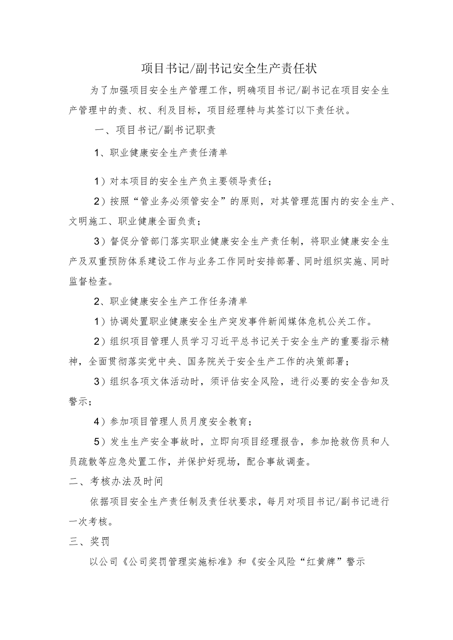 建筑施工项目书记 副书记安全生产责任状.docx_第1页
