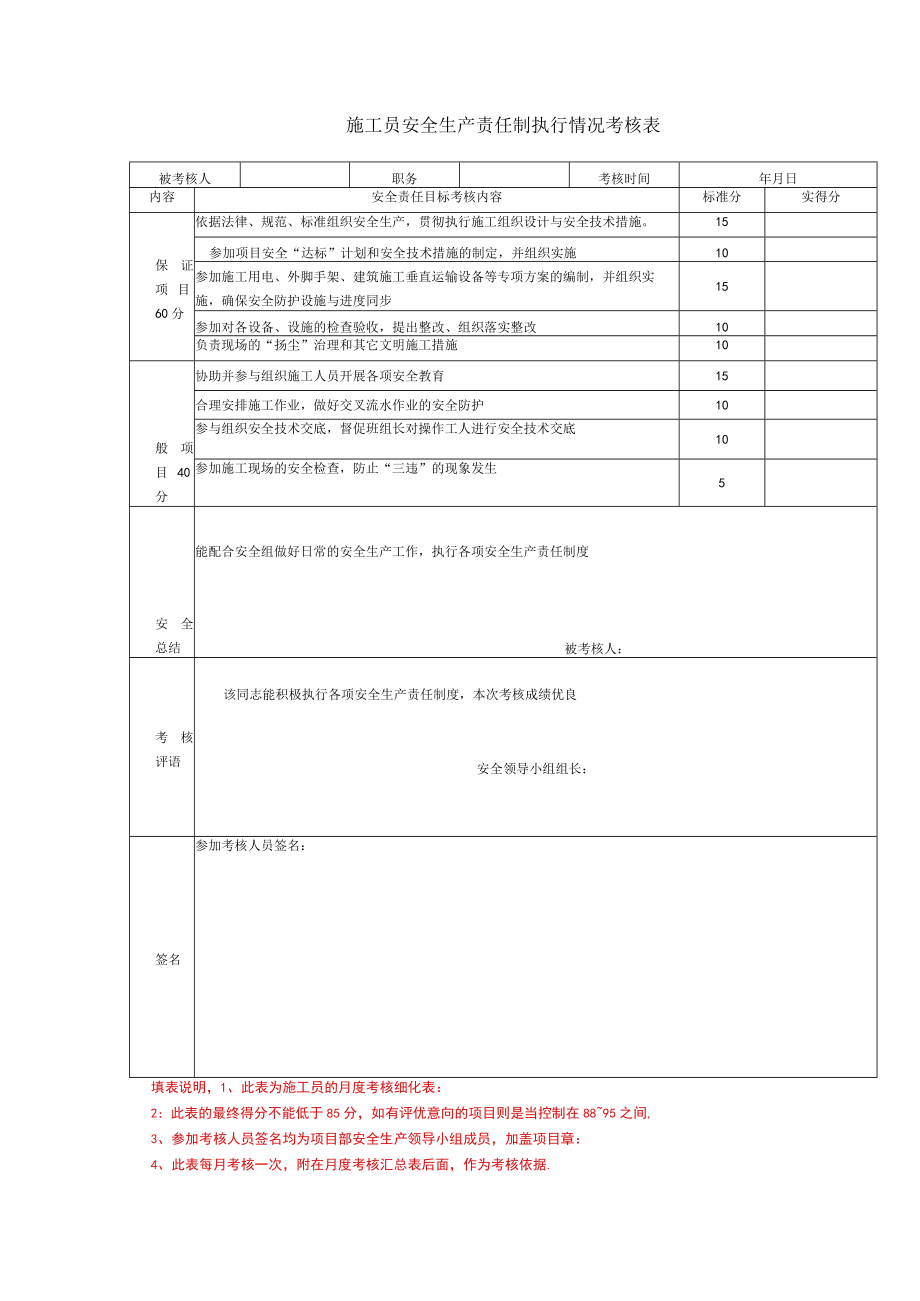 施工员安全生产责任制执行情况考核表.docx_第1页