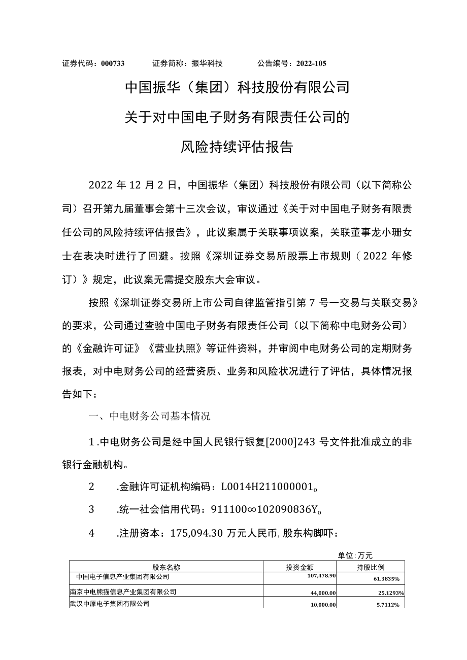 振华科技：关于对中国电子财务有限责任公司的风险持续评估报告.docx_第1页