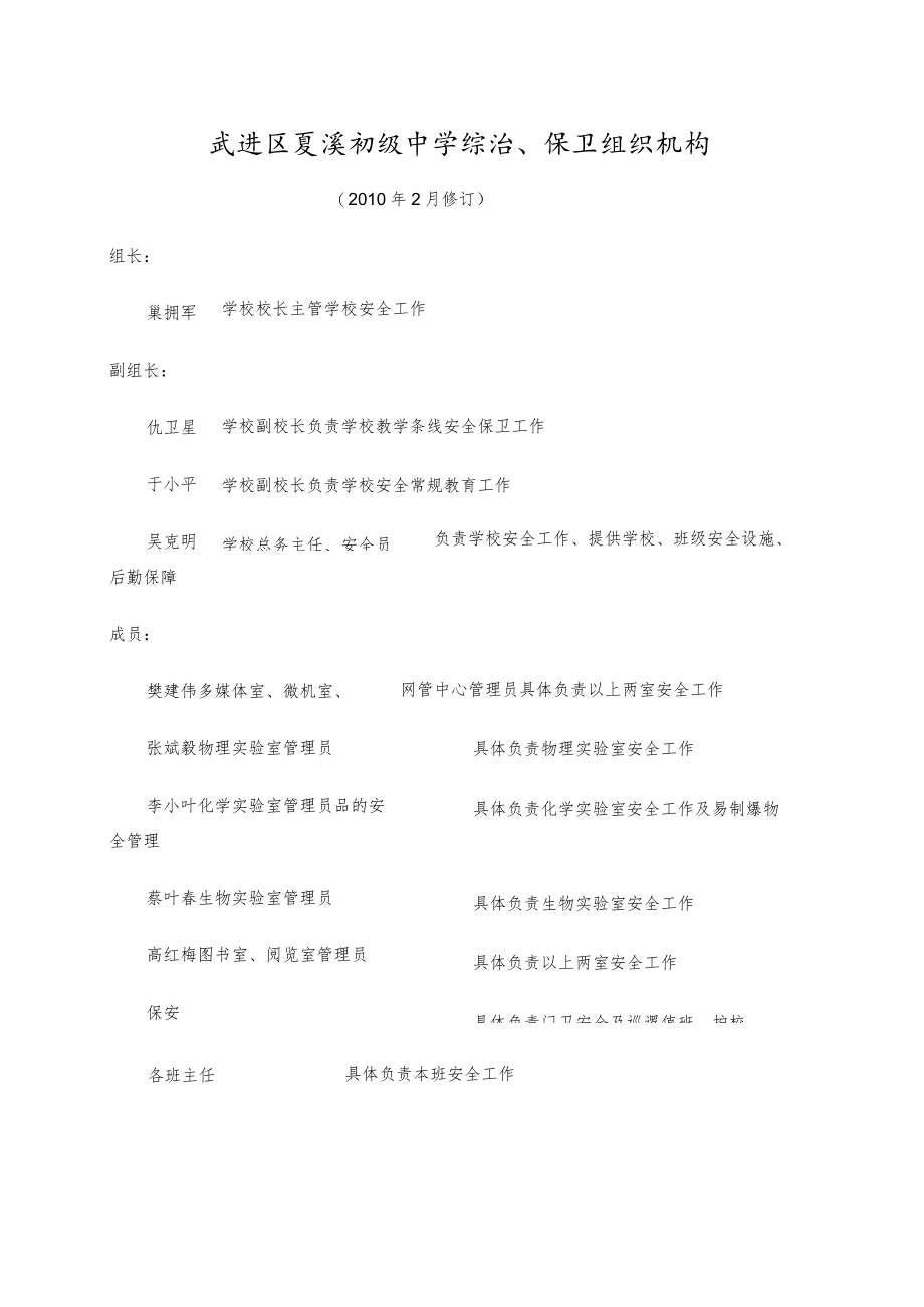 武进区夏溪初级中学综治、保卫组织机构.docx_第1页
