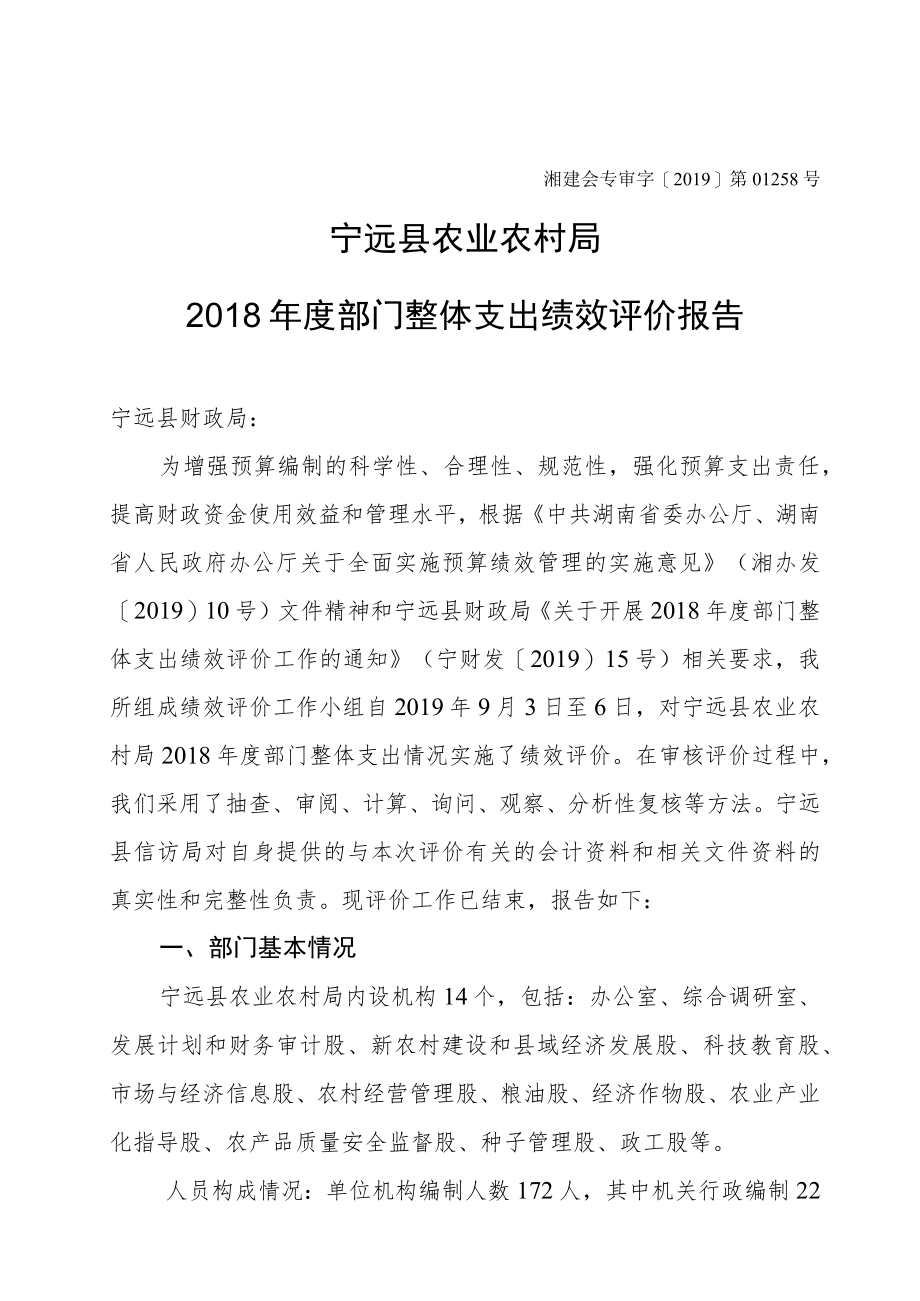 湘建会专审字2019第01258号宁远县农业农村局2018年度部门整体支出绩效评价报告.docx_第1页