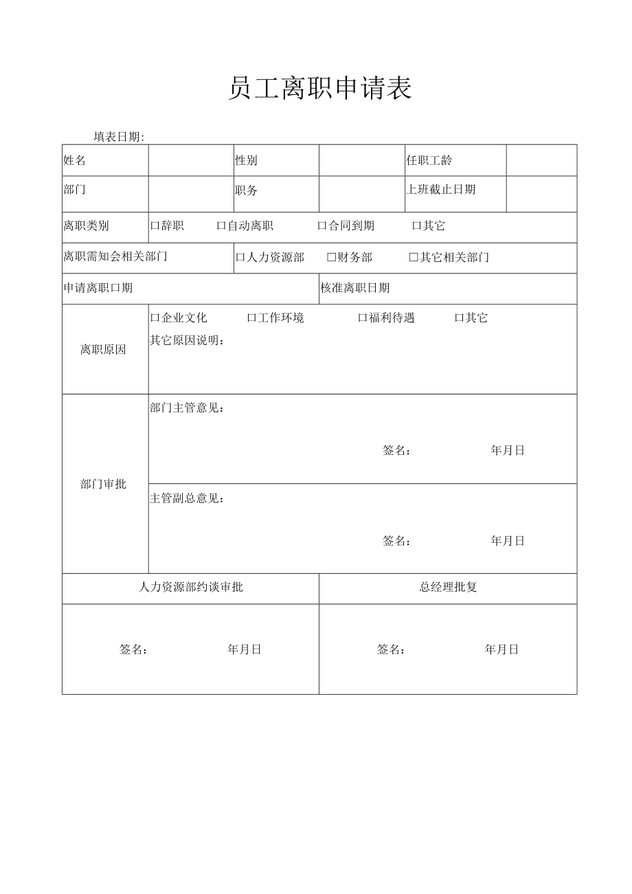 企业工厂通用员工离职申请表.docx_第1页