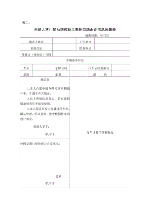表二三峡大学门禁系统教职工车辆自动识别信息采集表.docx