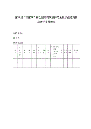 第八届“田家炳”杯全国师范院校师范生教学技能竞赛决赛评委推荐表.docx