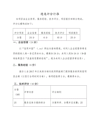 遴选评分标准本项目由企业资质、服务经验、技术评分、项目报价四部分构成评分比重构成如下.docx