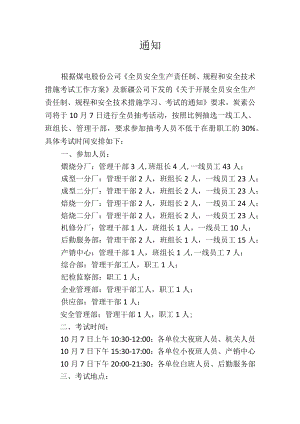 炭素公司全员安全生产责任制、规程和安全技术措施抽考的通知.docx