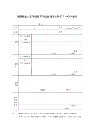 西南科技大学网络教育学院在籍学生转学习中心申请表.docx