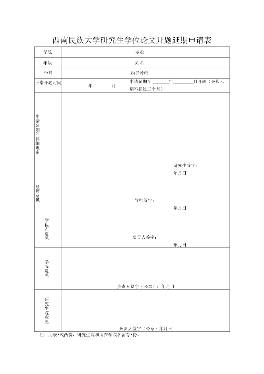 西南民族大学研究生学位论文开题延期申请表.docx_第1页
