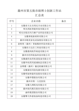 滁州市第五批市级博士创新工作站汇总表.docx