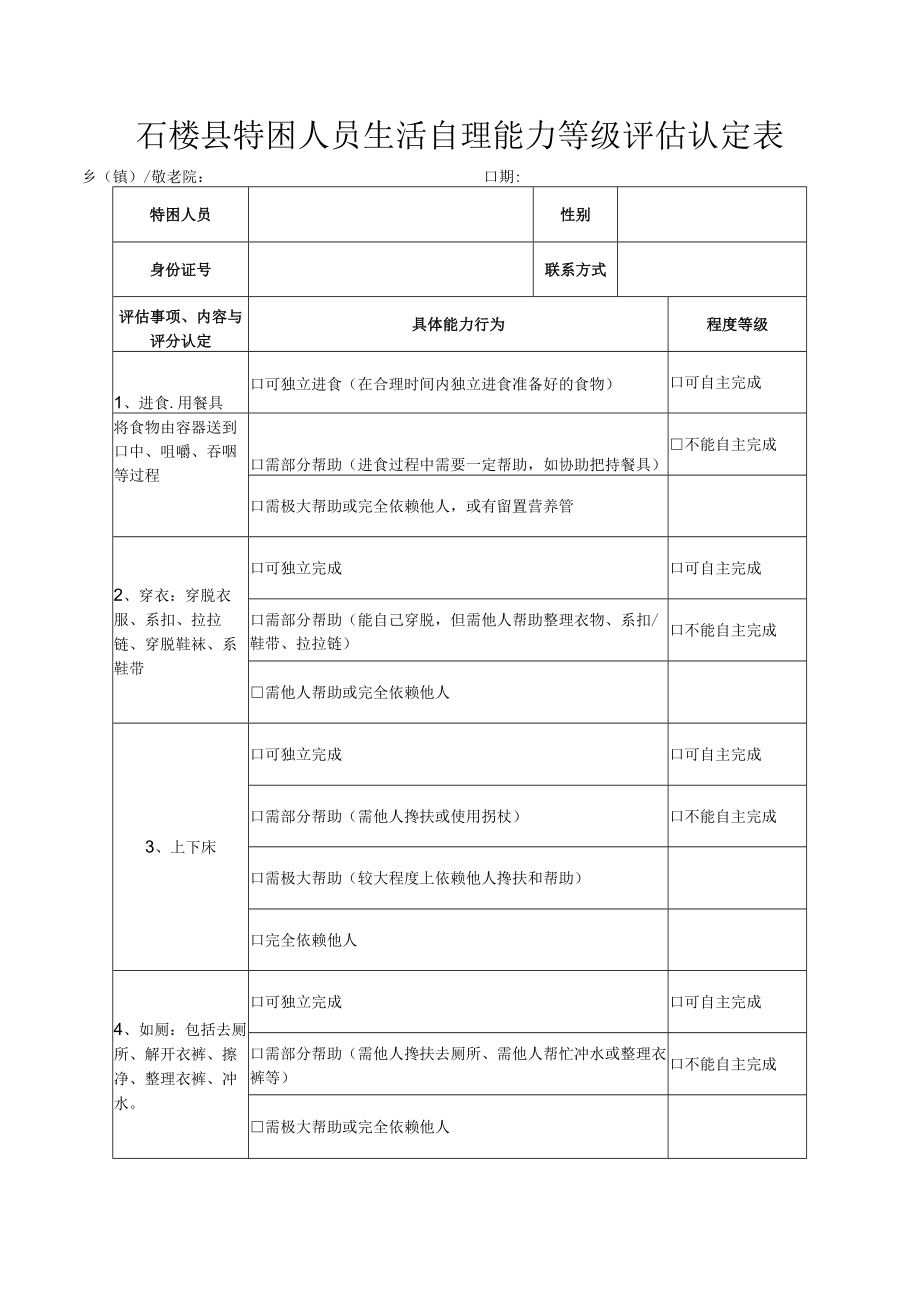 石楼县特困人员生活自理能力等级评估认定表.docx_第1页