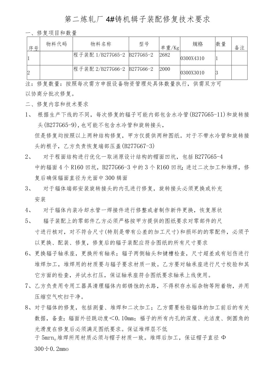 第二炼轧厂4#铸机辊子装配修复技术要求.docx_第1页