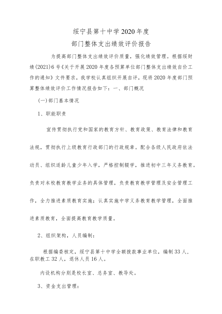 绥宁县第十中学2020年度部门整体支出绩效评价报告.docx_第1页