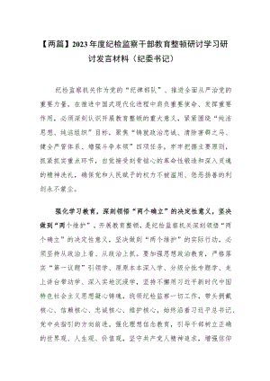 【两篇】2023年度纪检监察干部教育整顿研讨学习研讨发言材料（纪委书记）.docx