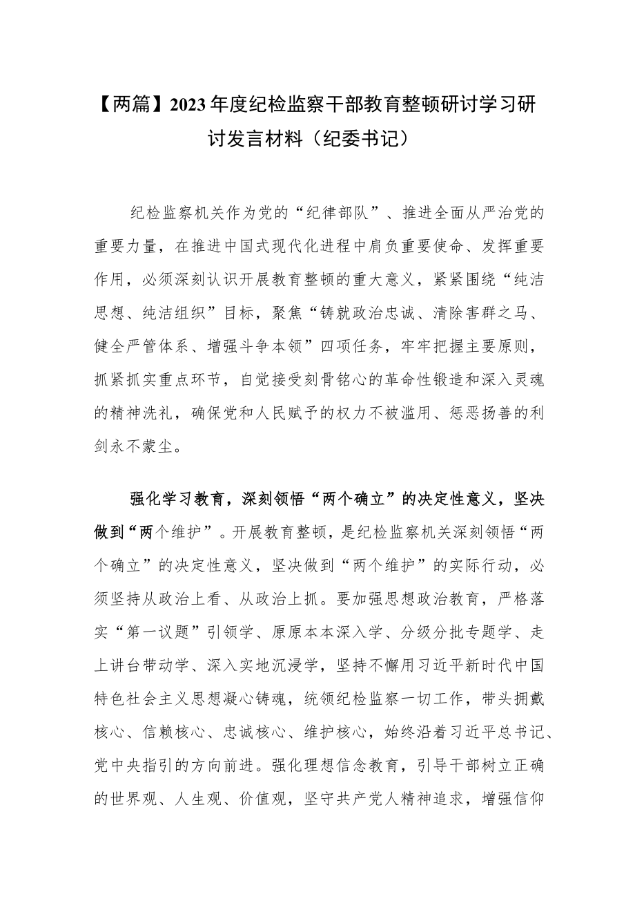 【两篇】2023年度纪检监察干部教育整顿研讨学习研讨发言材料（纪委书记）.docx_第1页