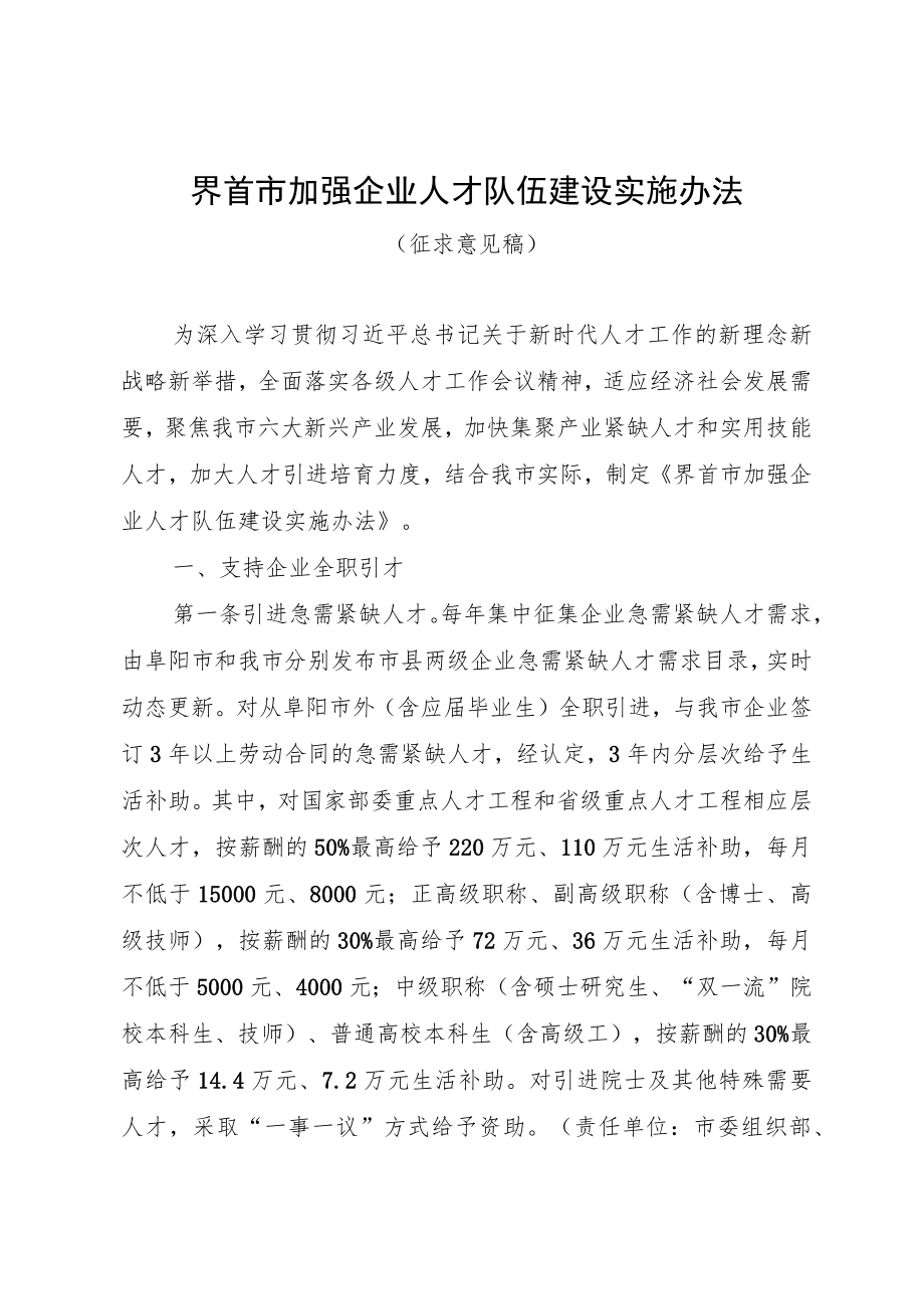 界首市加强企业人才队伍建设实施办法（征求意见稿）.docx_第1页