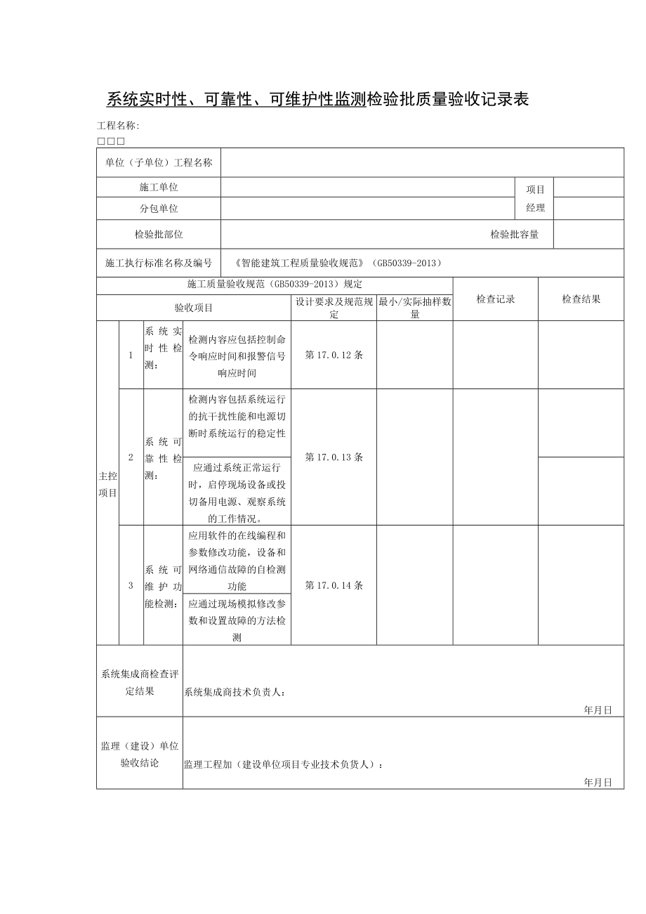 系统实时性、可靠性、可维护性监测 检验批质量验收记录表.docx_第1页