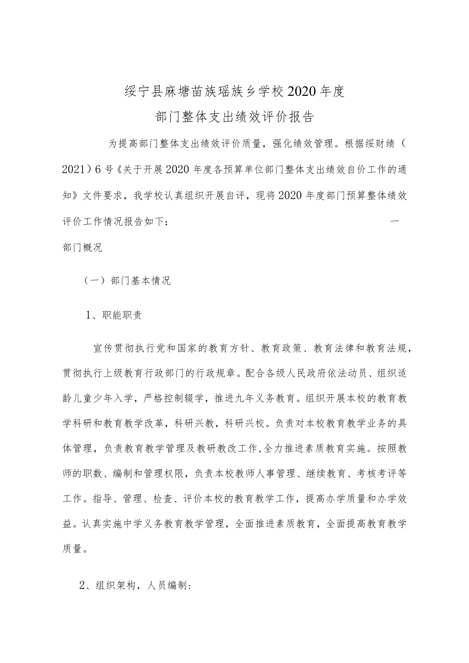 绥宁县麻塘苗族瑶族乡学校2020年度部门整体支出绩效评价报告.docx_第1页