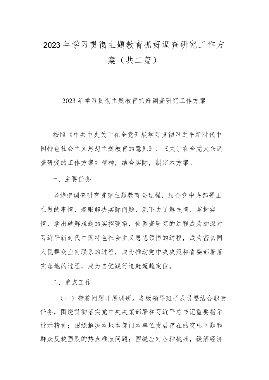 2023年学习贯彻主题教育抓好调查研究工作方案(共二篇).docx_第1页
