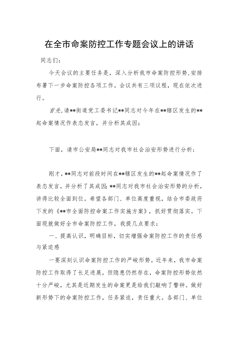 在全市命案防控工作专题会议上的讲话.docx_第1页