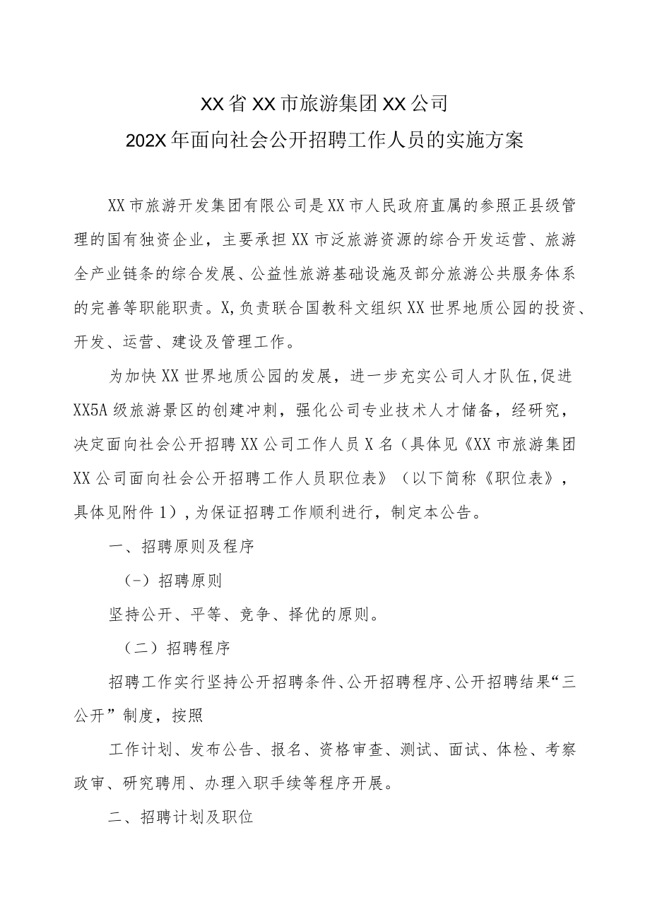 XX省XX市旅游集团XX公司202X年面向社会公开招聘工作人员的实施方案.docx_第1页