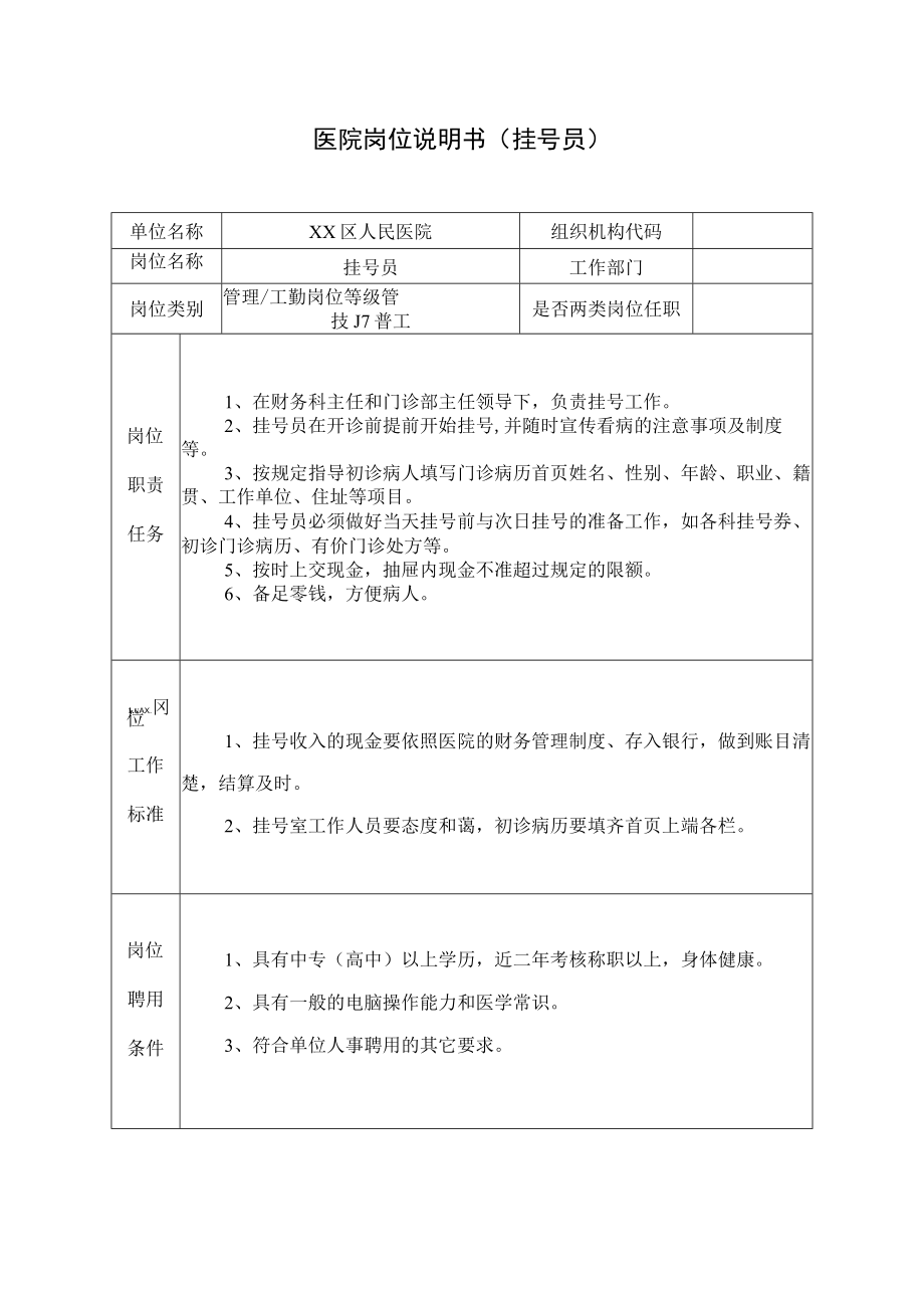 医院岗位说明书（挂号员）.docx_第1页
