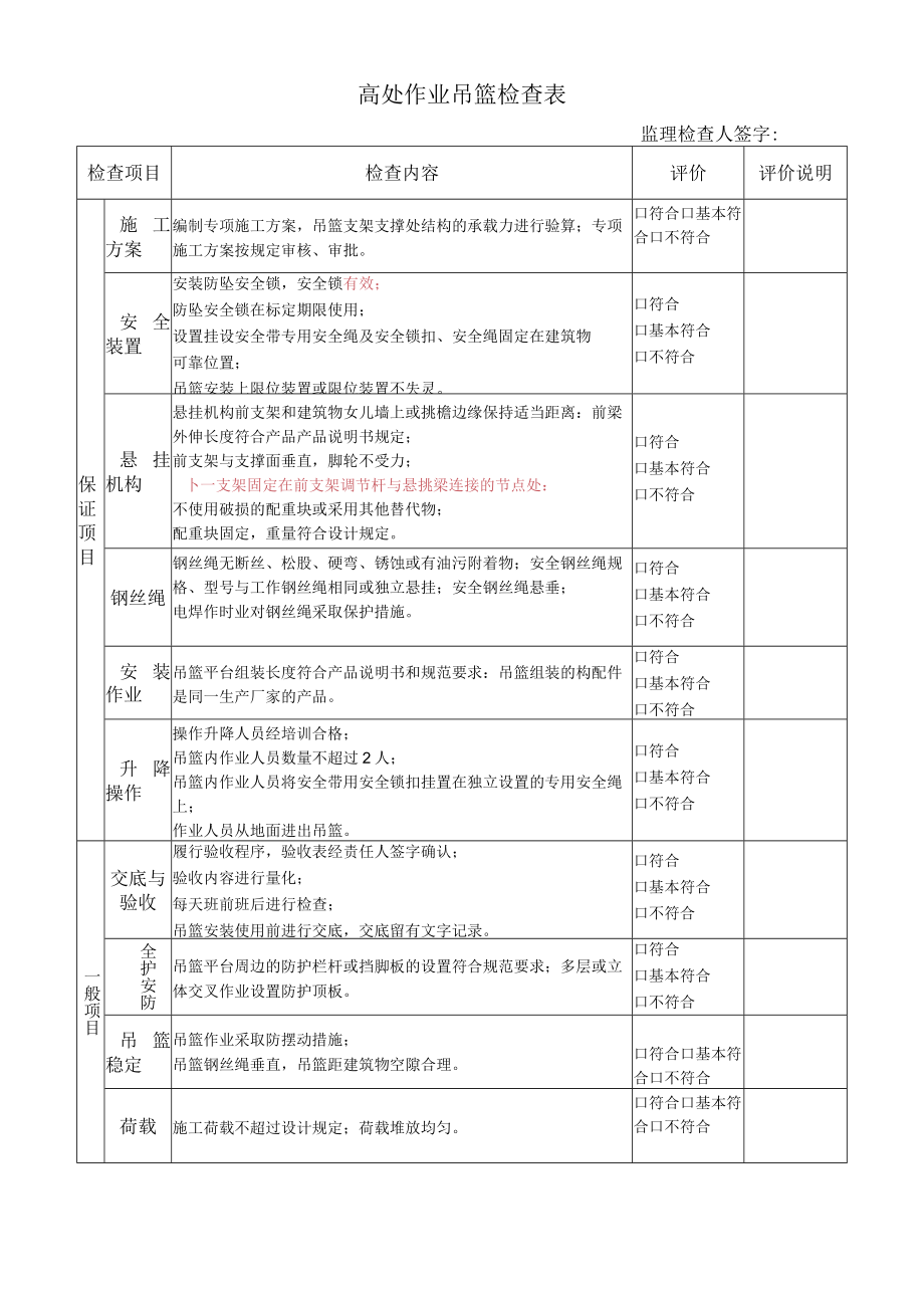高处作业吊篮检查表.docx_第1页