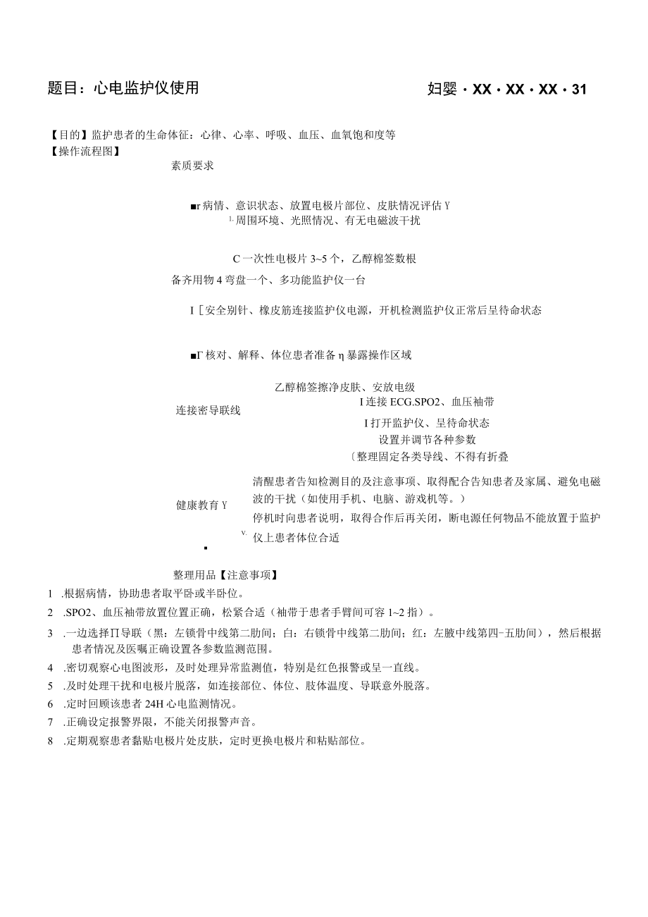 妇婴医院护理技术操作心电监护仪使用操作流程图与考核评分标准.docx_第1页