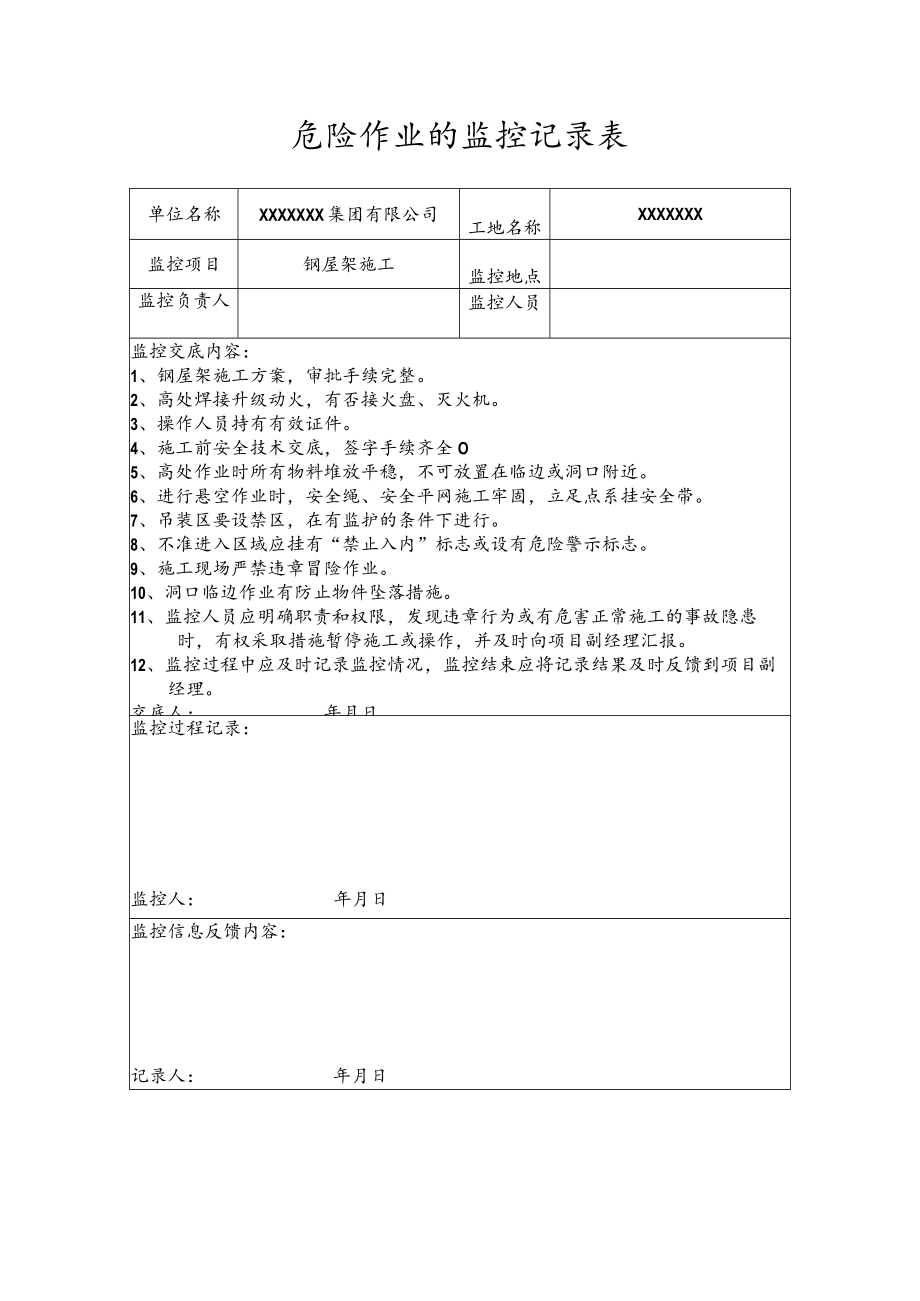 危险作业的监控记录表(钢屋架施工).docx_第1页