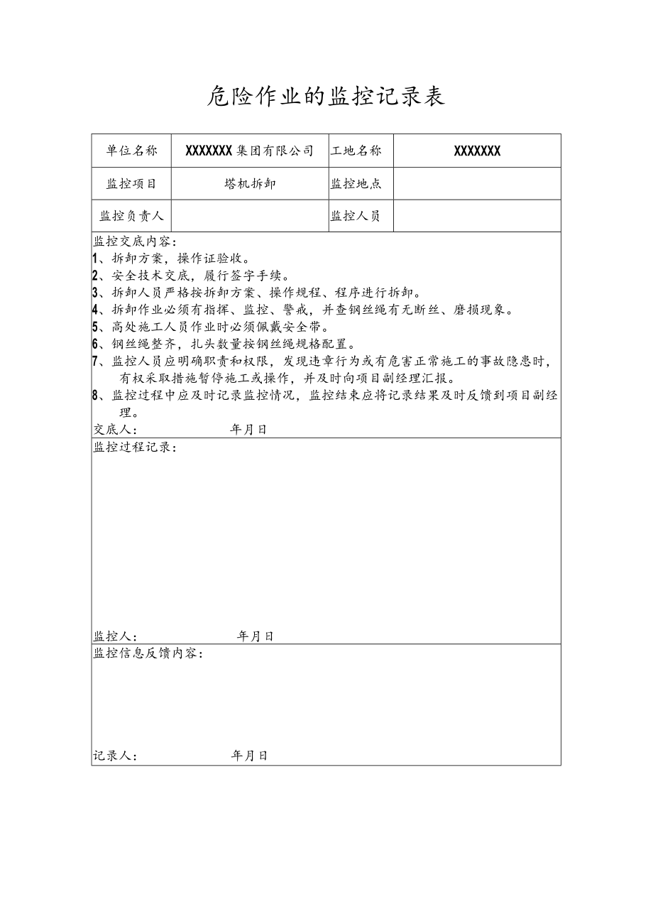 危险作业的监控记录表（塔机拆卸）.docx_第1页