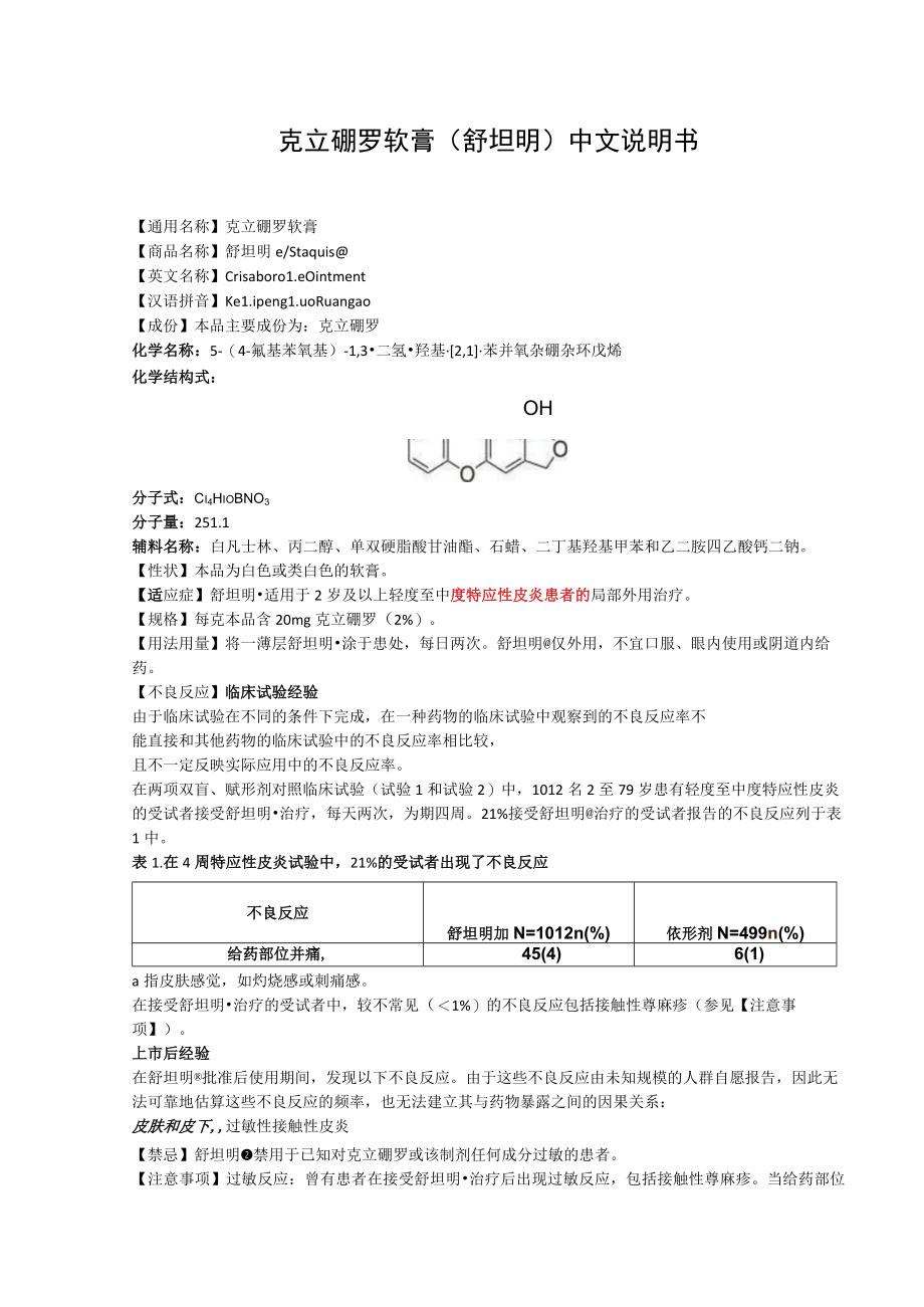 克立硼罗软膏（舒坦明）中文说明书.docx_第1页