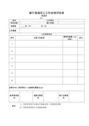 餐厅普通员工工作业绩评估表.docx