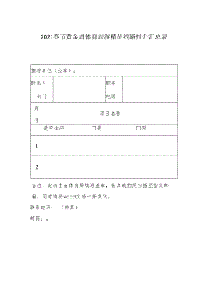 2021春节黄金周体育旅游精品线路推介汇总表.docx