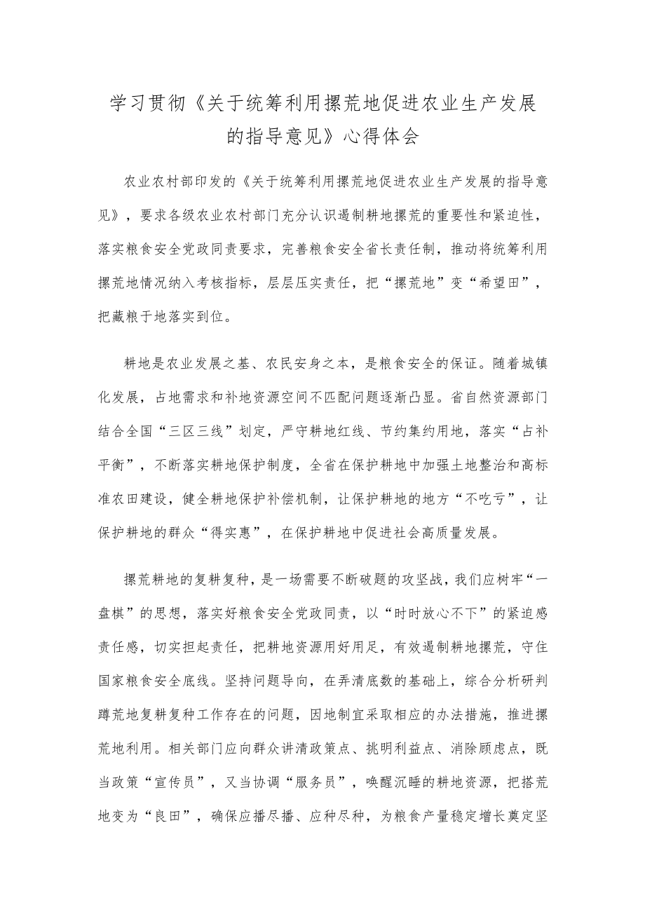 学习贯彻《关于统筹利用撂荒地促进农业生产发展的指导意见》心得体会.docx_第1页