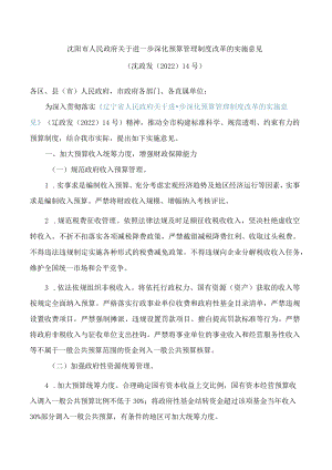 沈阳市人民政府关于进一步深化预算管理制度改革的实施意见.docx