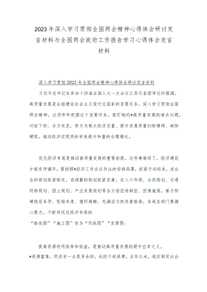2023年深入学习贯彻全国两会精神心得体会研讨发言材料与全国两会政府工作报告学习心得体会发言材料.docx