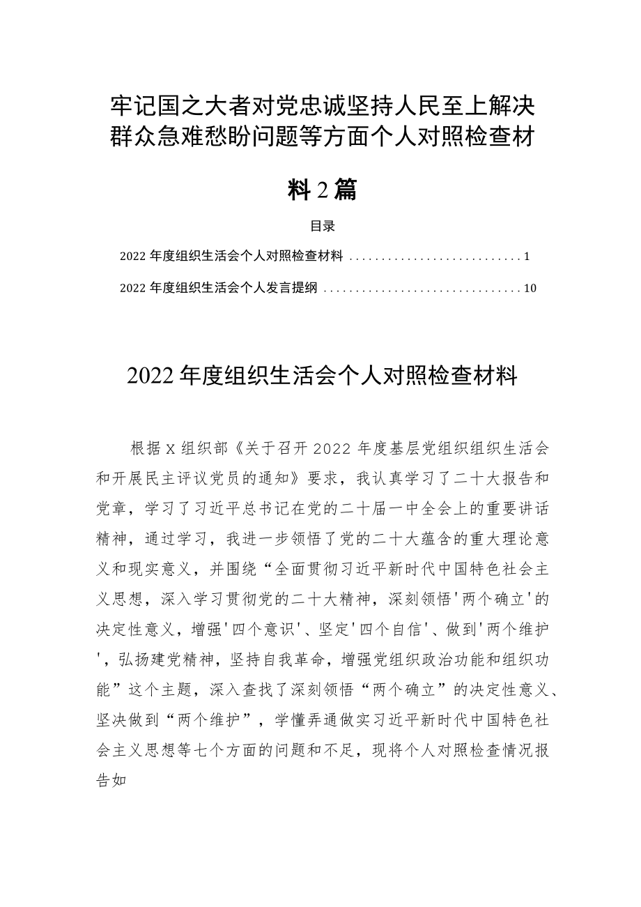 牢记国之大者对党忠诚坚持人民至上解决群众急难愁盼问题等方面个人对照检查材料2篇.docx_第1页