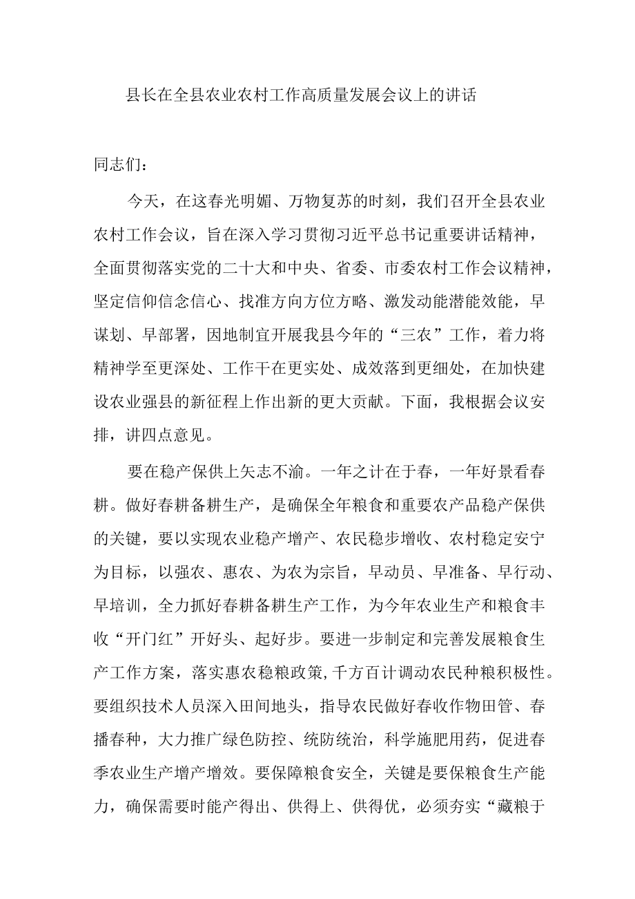 县长在全县农业农村工作高质量发展会议上的讲话.docx_第1页
