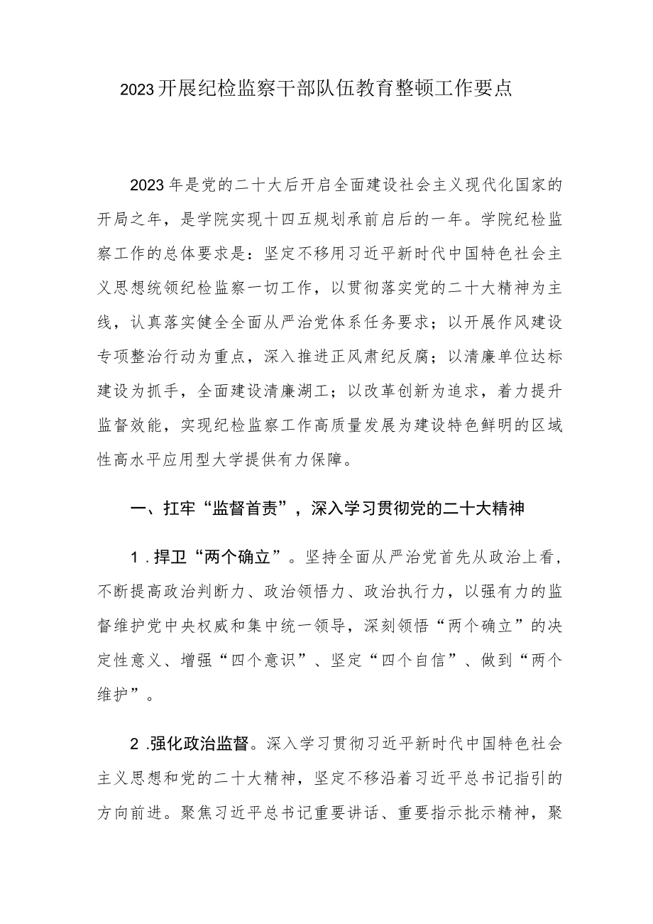 2023开展纪检监察干部队伍教育整顿工作要点.docx_第1页