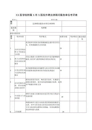 XX医学院附属X市X医院外聘法律顾问服务单位考评表.docx
