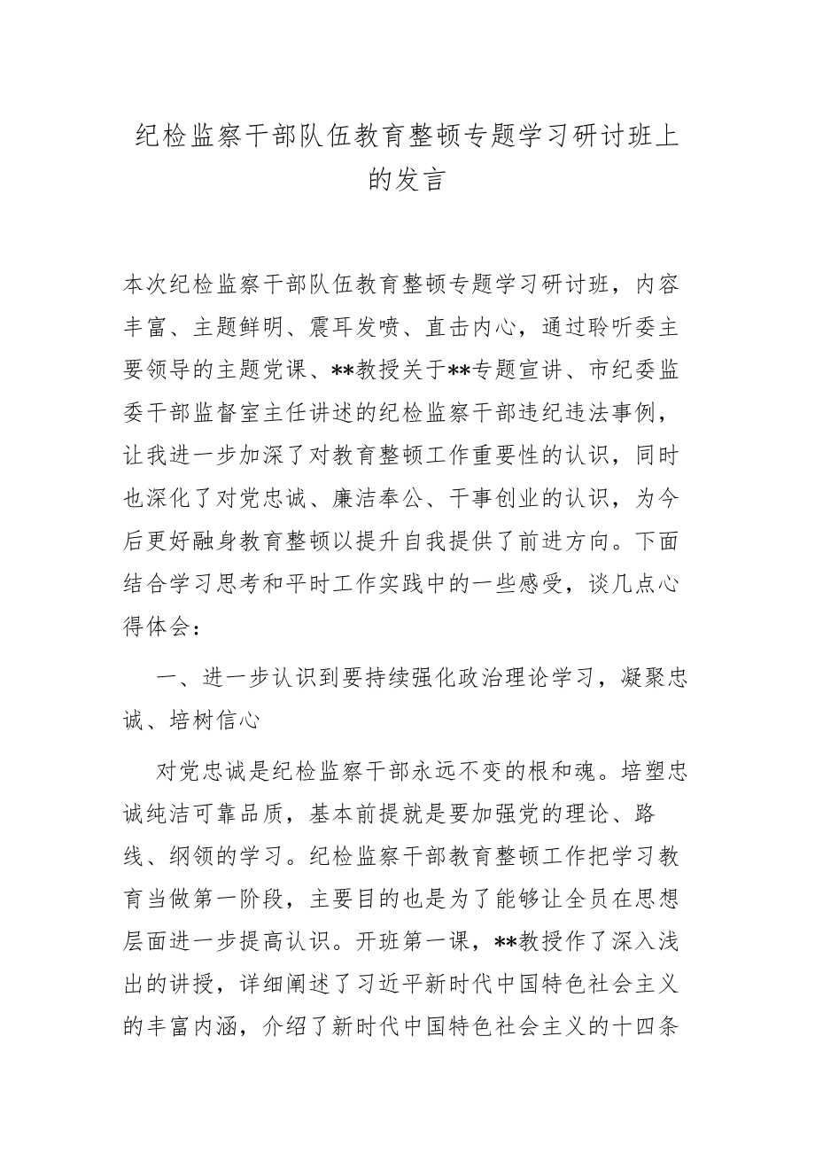 纪检监察干部队伍教育整顿专题学习研讨班上的发言.docx_第1页