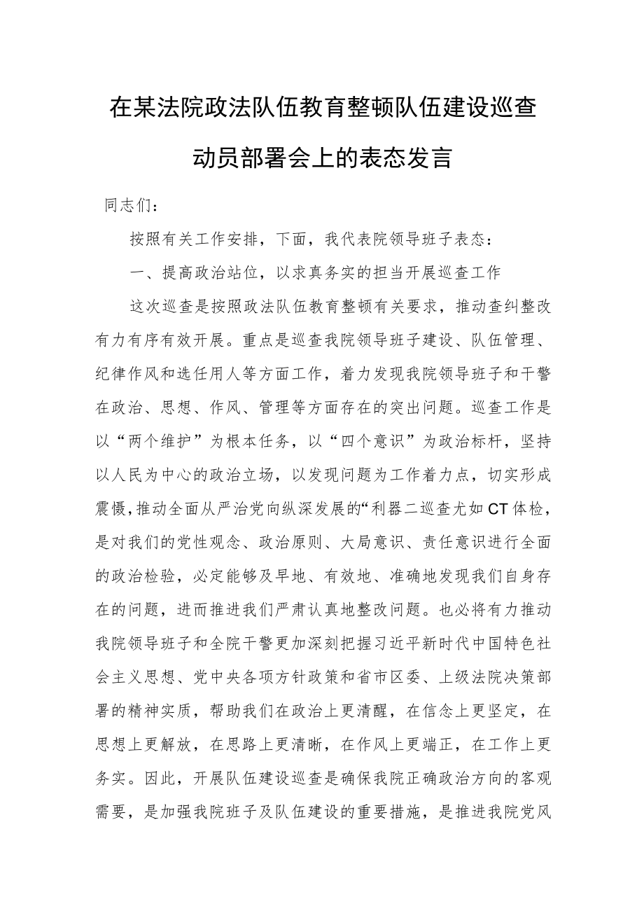在某法院政法队伍教育整顿队伍建设巡查动员部署会上的表态发言.docx_第1页